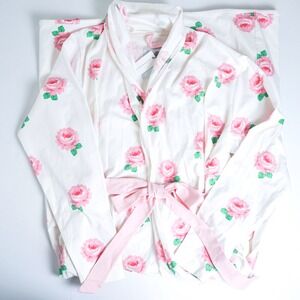 Monica + Andy Lounge Robe Womens XS/S White Pink Rose Floral Long Wrap NWT